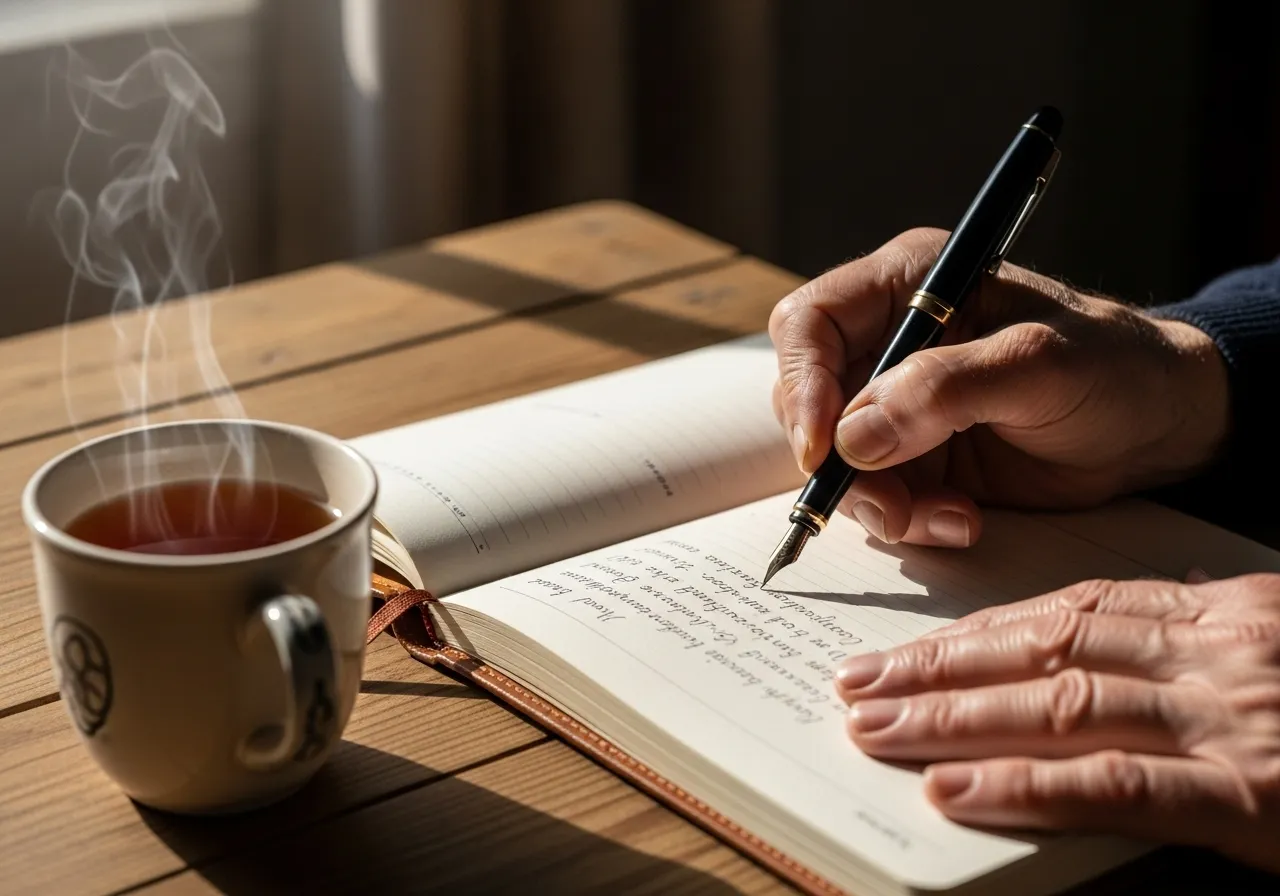 An older person's hands hold a pen, writing in a lined journal on a wooden table. Sunlight falls gently across the page.