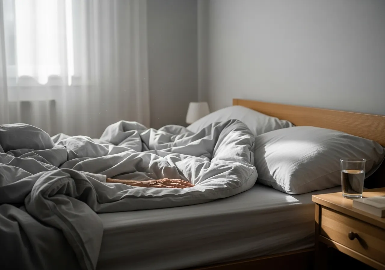 An unmade bed is bathed in soft morning light from a window. An older person's hand rests gently on the white duvet.