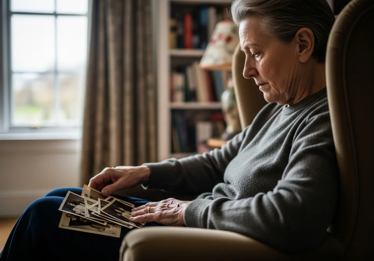 An older adult sits in an armchair, holding and looking down at a stack of old family photographs on their lap.