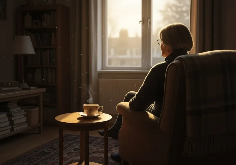 A person seen from the back sits in an armchair looking out a window, bathed in the warm, golden light of late afternoon.