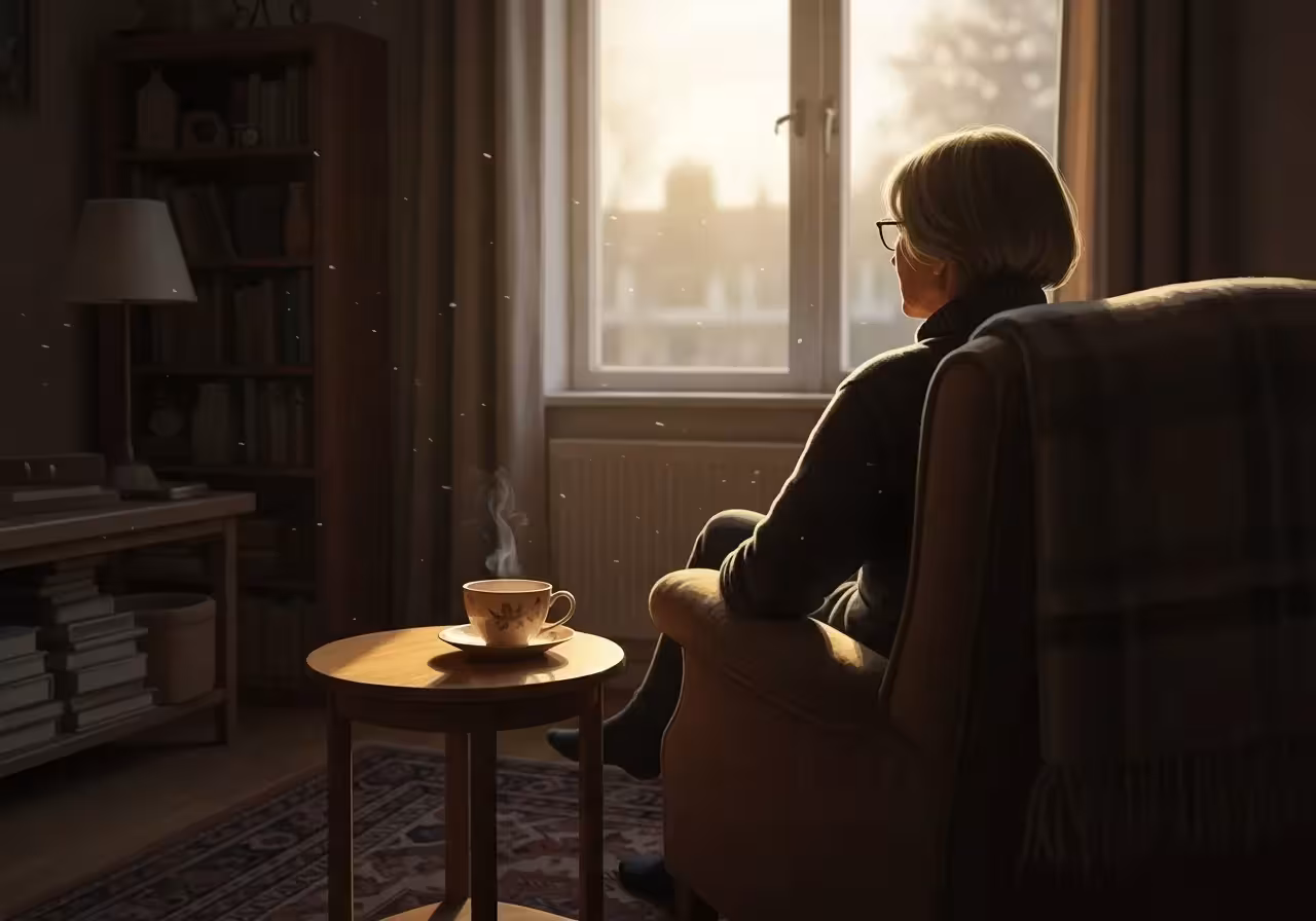 A person seen from the back sits in an armchair looking out a window, bathed in the warm, golden light of late afternoon.
