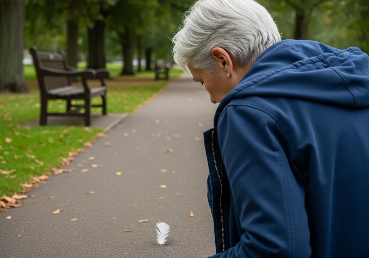 An older person seen from the back, looking down at a white feather on a paved path in a park on a calm, overcast day.