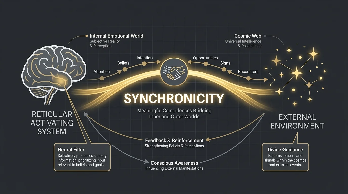 A clean diagram showing the link between the brain's Reticular Activating System and external synchronicity through a central bridge.