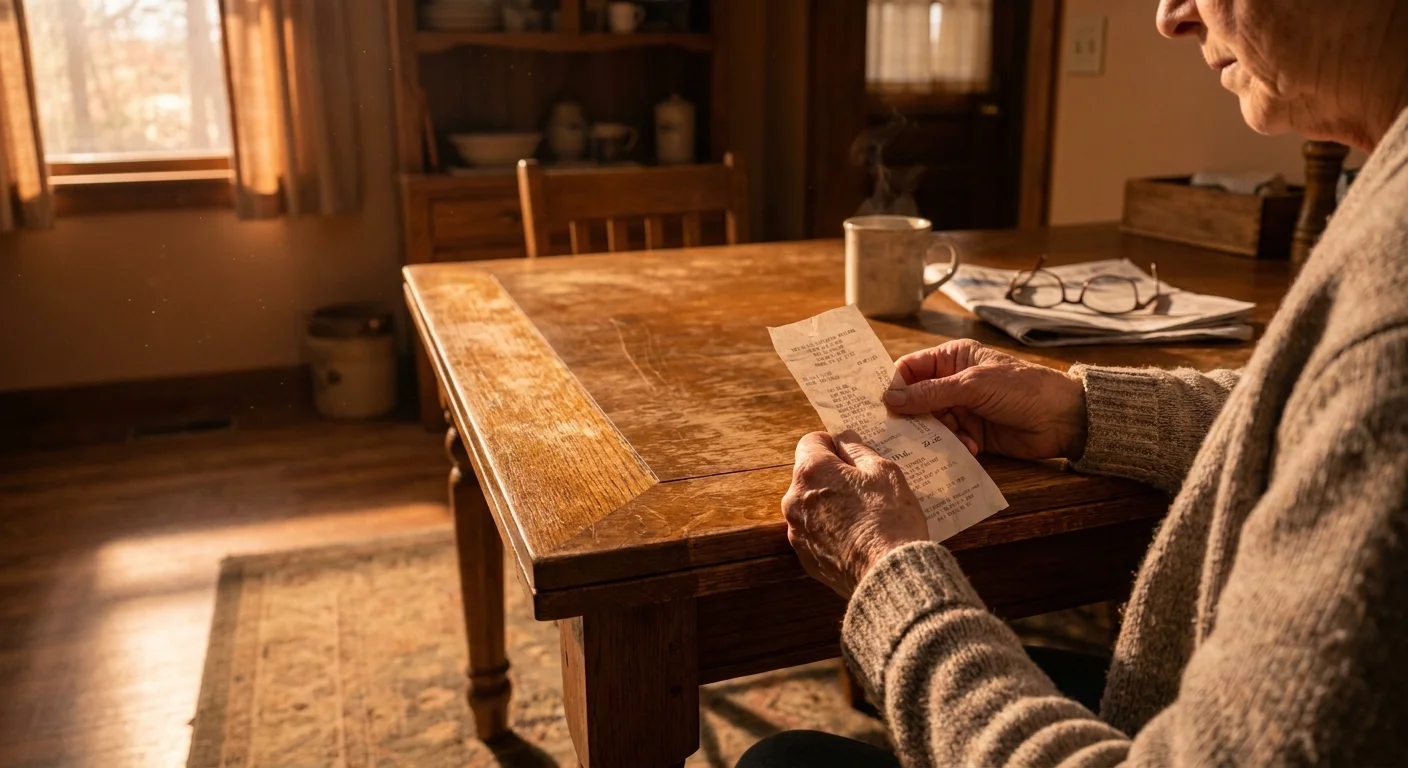 A close-up photo of a person's hands holding a grocery receipt with the number 22.22 on a sunlit wooden table.