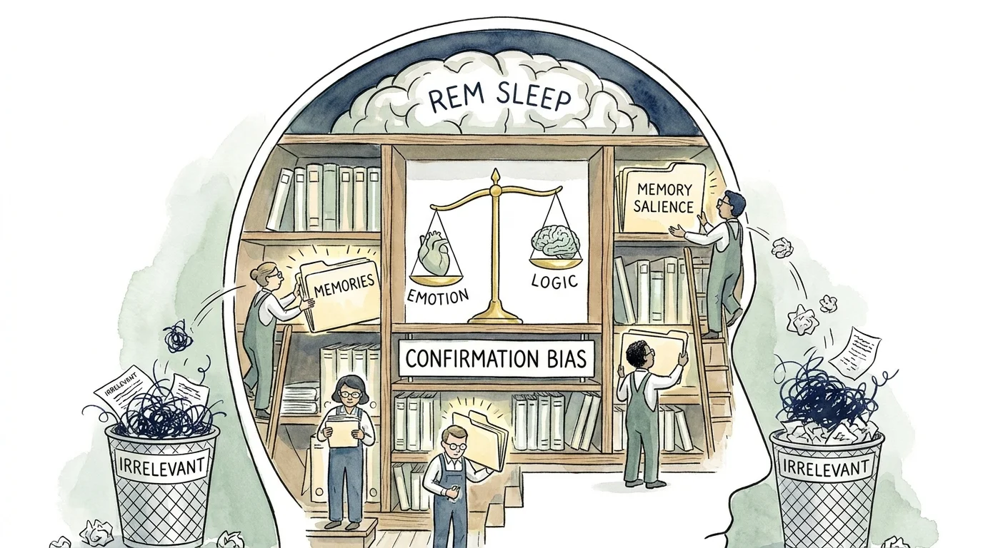 A conceptual illustration of a library inside a brain where memories are being sorted and labeled during REM sleep.