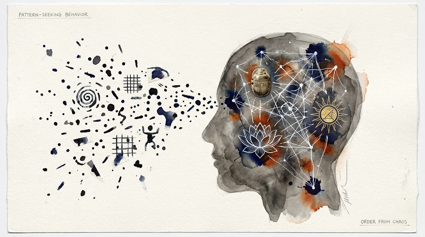 A conceptual mixed-media artwork showing a human silhouette processing symbols and patterns on a textured paper background.