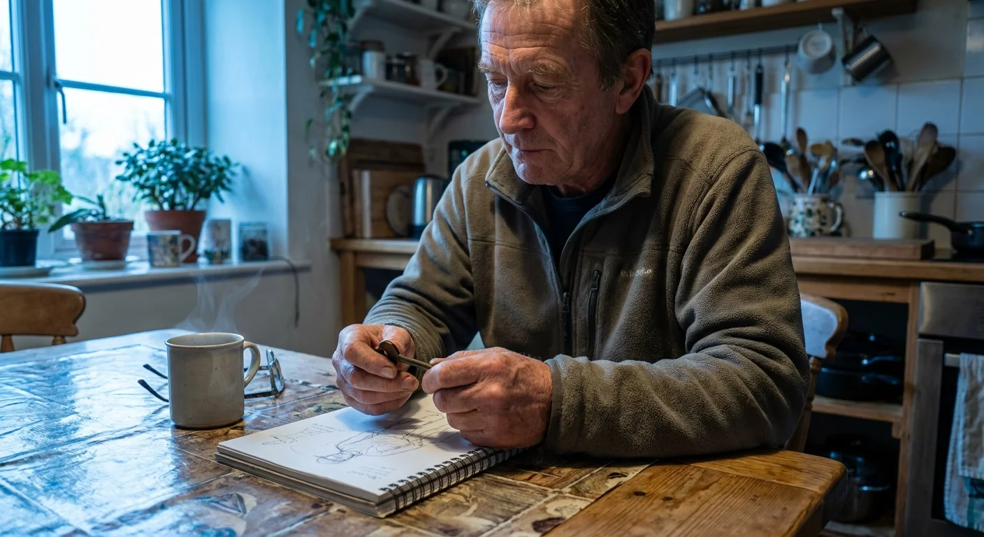 A man at his kitchen table at dawn, comparing a physical brass key to a drawing in his dream journal.