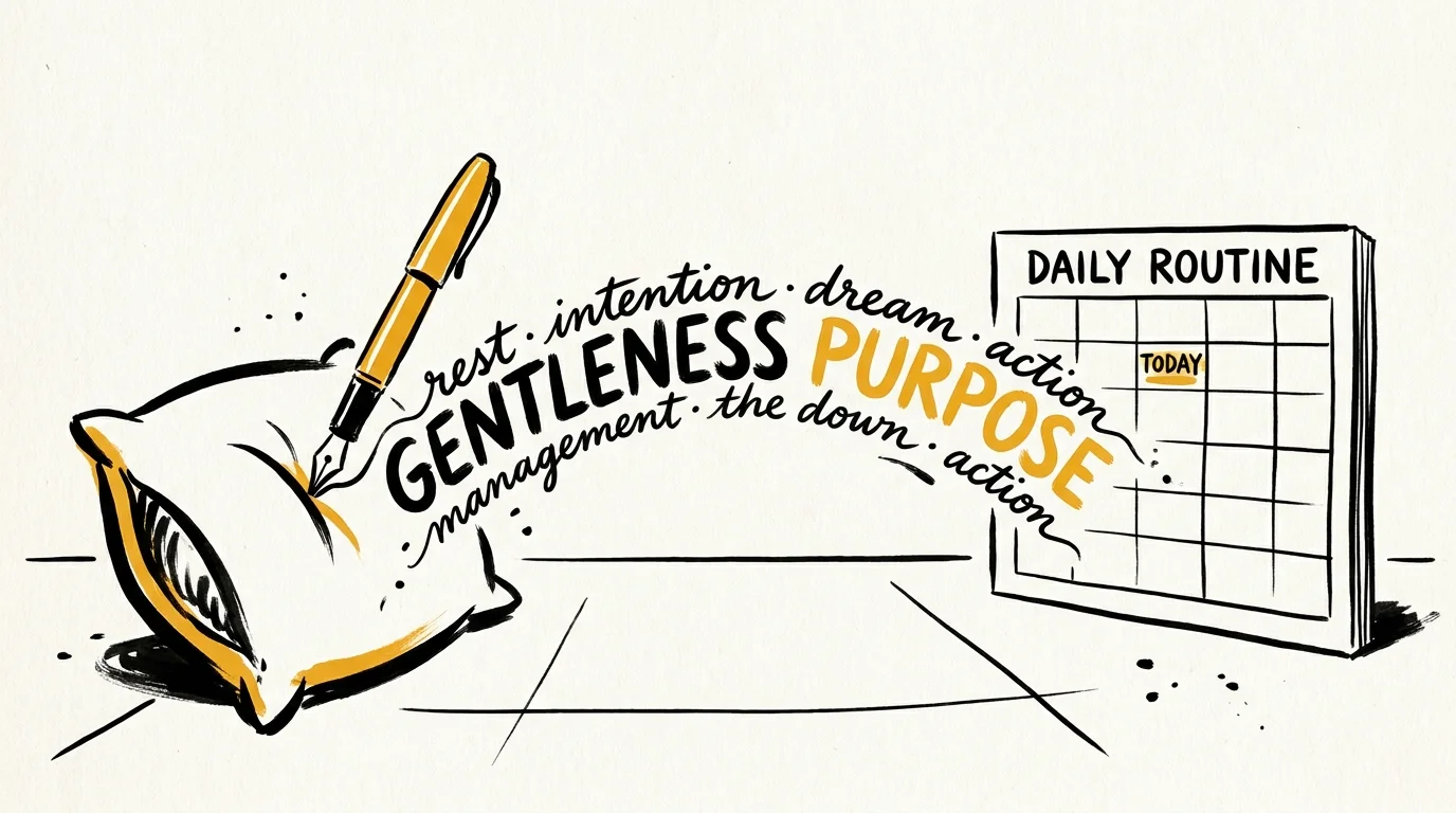 A minimalist ink drawing of a bridge made of words connecting a pillow to a daily calendar.