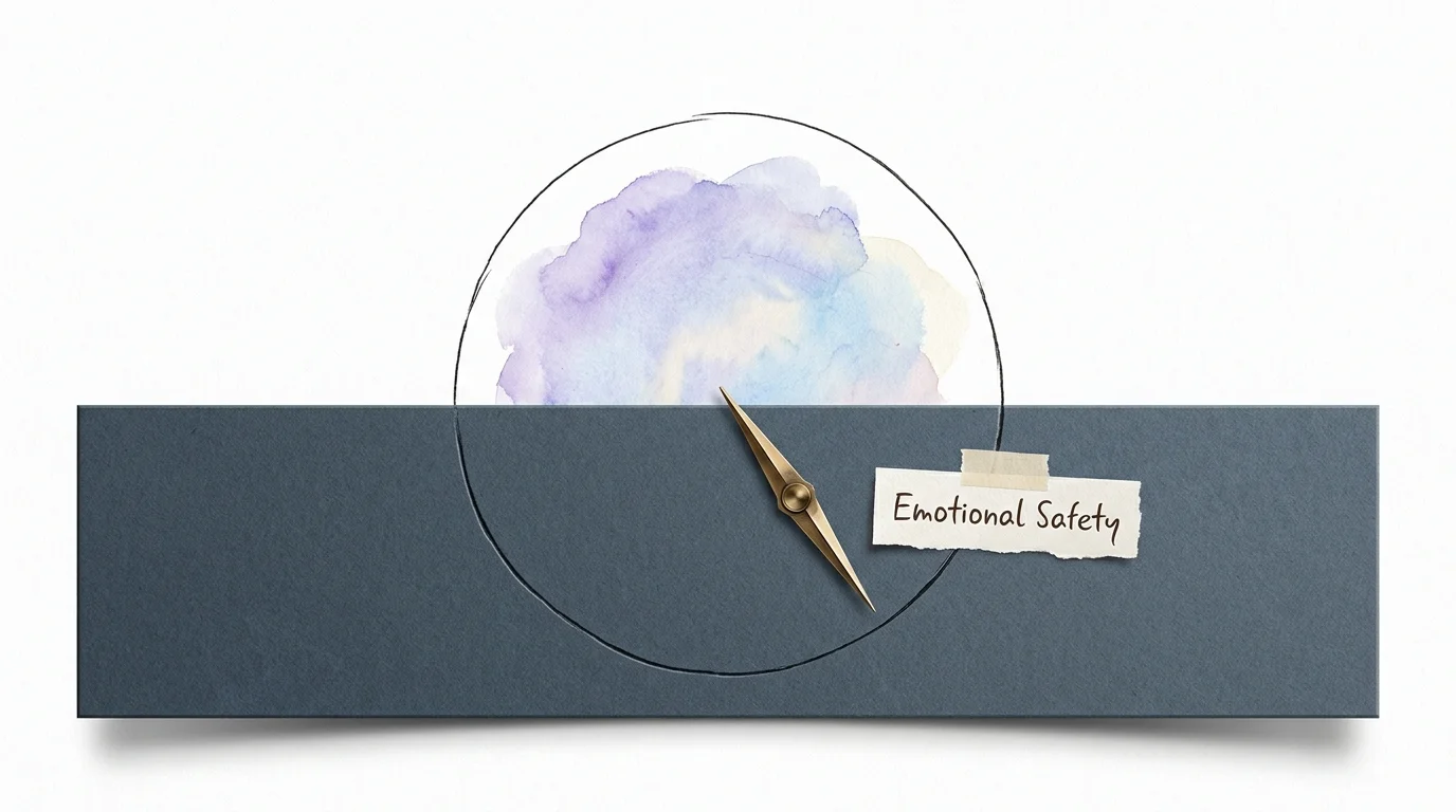 A minimalist mixed-media piece showing a watercolor circle contained by a sharp grey boundary, symbolizing emotional safety.