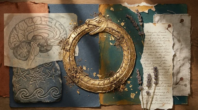 A mixed-media collage featuring an ancient golden Ouroboros, an anatomical brain diagram, and weathered paper textures in earthy tones.