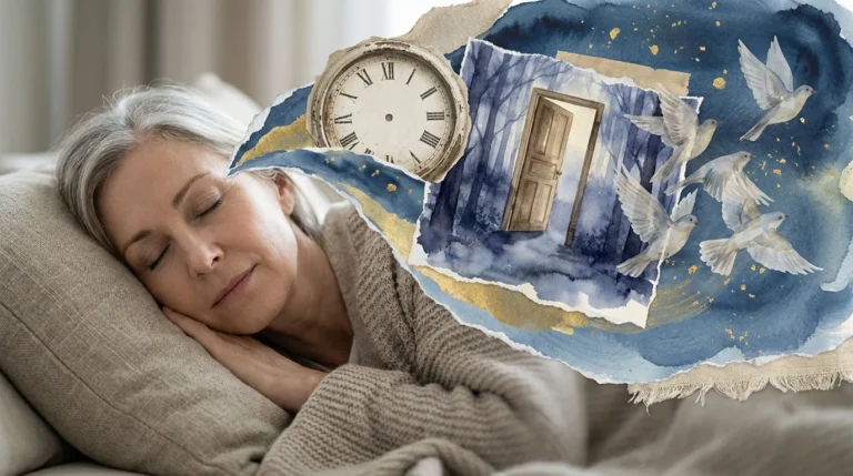 A mixed media collage showing a sleeping woman with dream symbols like a clock and an open door floating above her in a night sky.