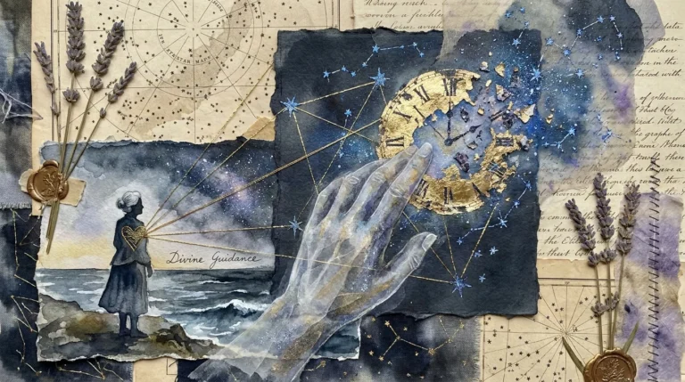 A mixed media collage showing a woman looking at a starry sky with gold lines connecting constellations to a vintage clock and map.