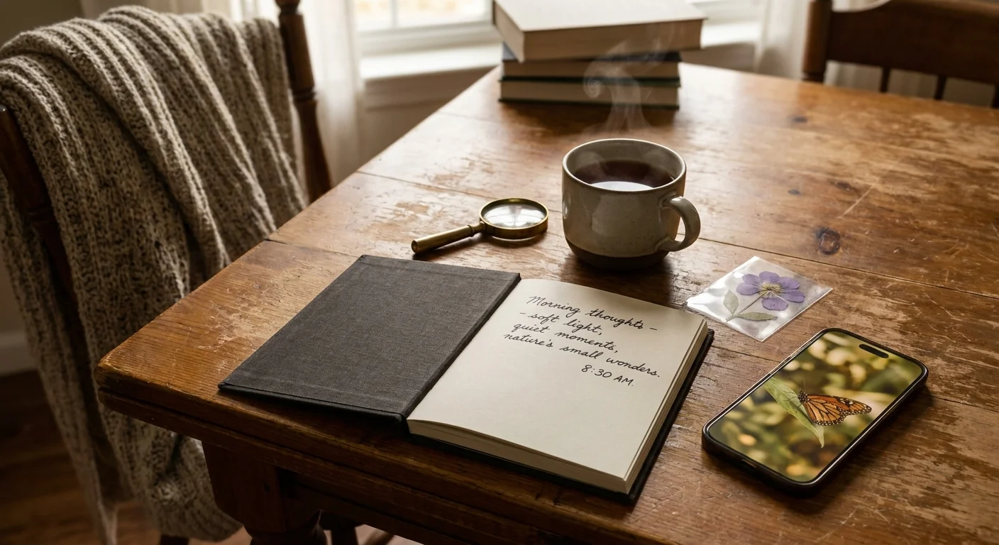 A tabletop view of a journal, a mug of tea, and a smartphone with a photo of a butterfly, lit by morning sun.