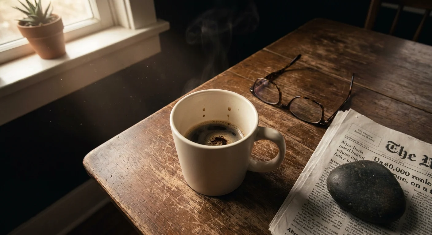 A top-down photo of a coffee mug on a wooden table, where the grounds have formed a spiral shape next to reading glasses.