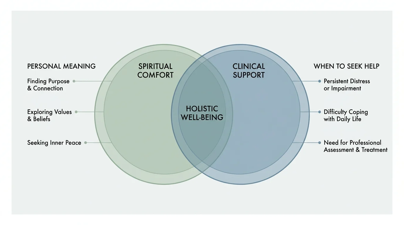 A Venn diagram showing the overlap between Spiritual Comfort and Clinical Support, labeled 'Holistic Well-being'.