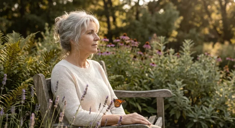 A woman in her 60s sits peacefully in a garden, watching an orange Monarch butterfly land on a lavender plant during sunset.