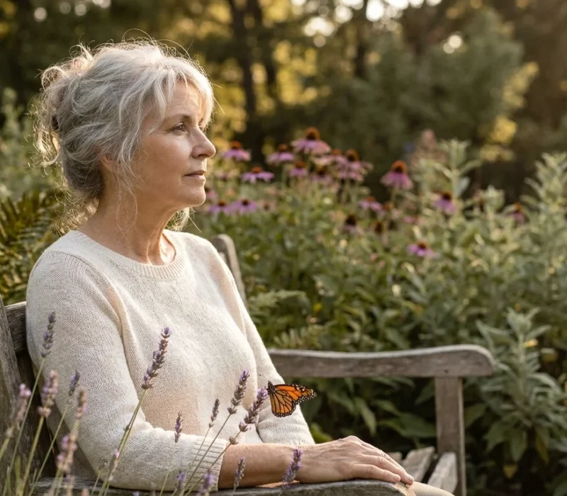 A woman in her 60s sits peacefully in a garden, watching an orange Monarch butterfly land on a lavender plant during sunset.