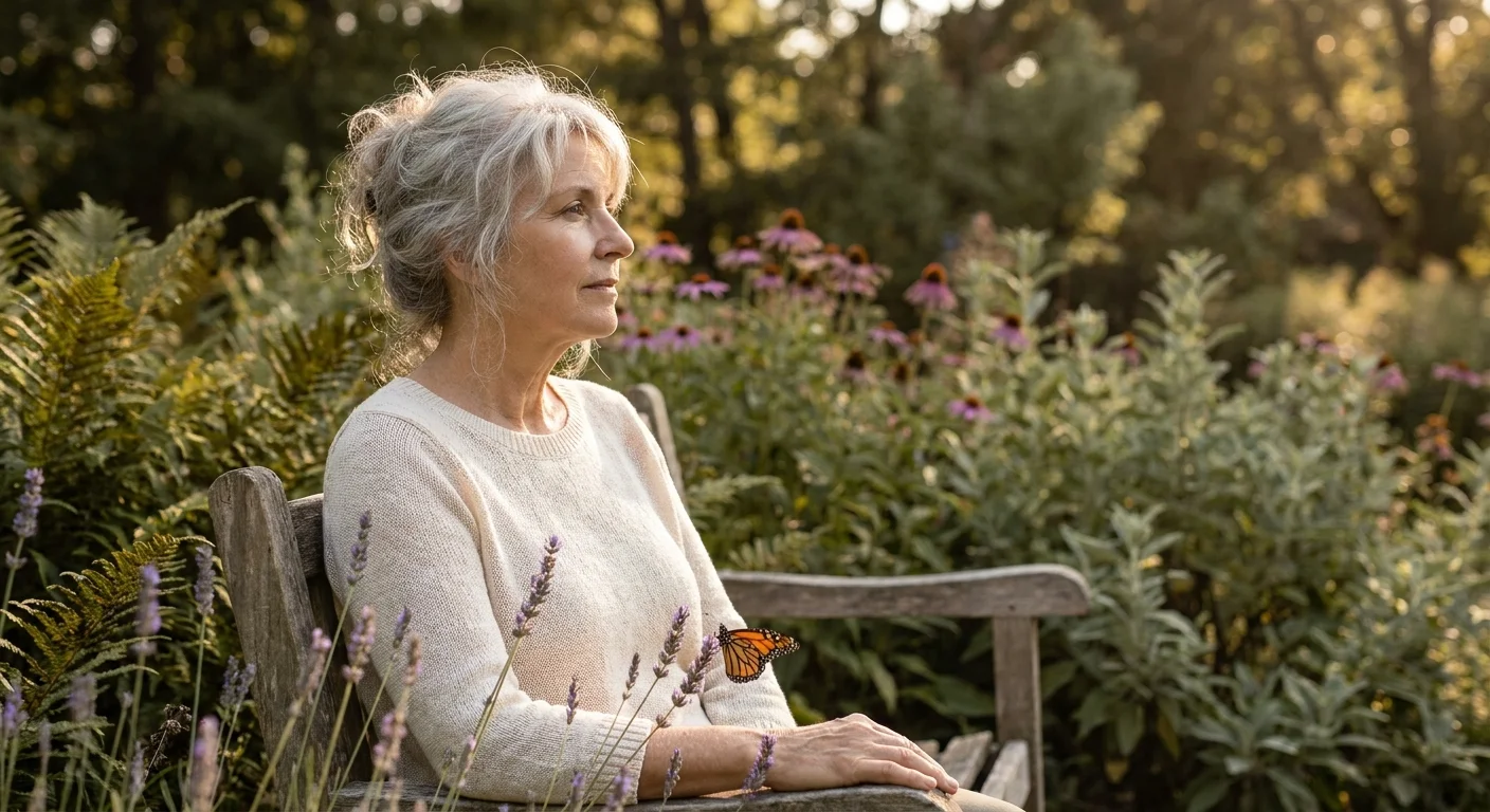 A woman in her 60s sits peacefully in a garden, watching an orange Monarch butterfly land on a lavender plant during sunset.