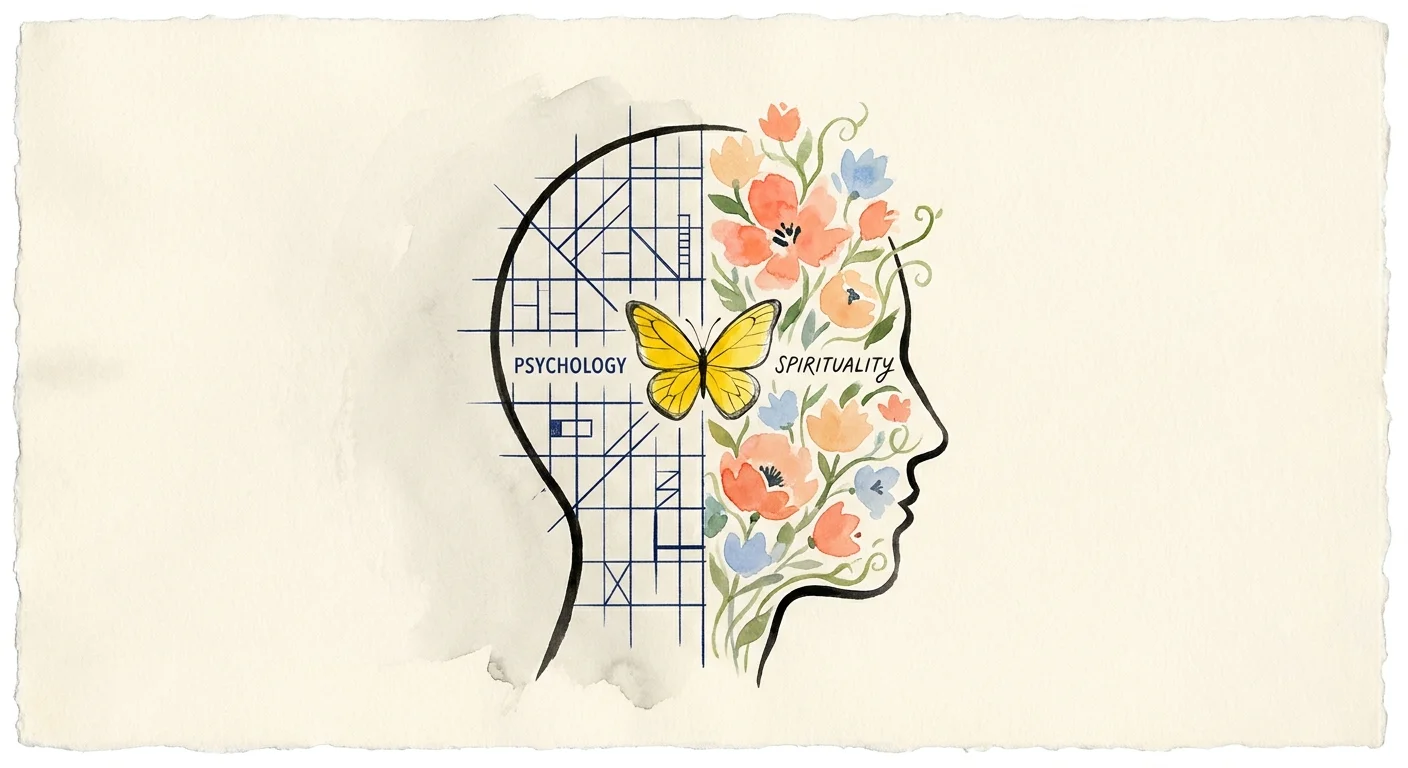 An illustration of a head containing both a logical grid and a wild garden, with a butterfly bridging the two halves.
