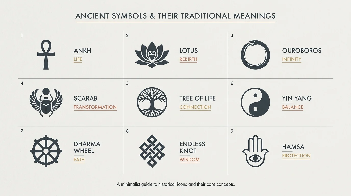 An infographic grid showing nine ancient symbols like the Ankh and Lotus with their meanings in a clean, modern layout.