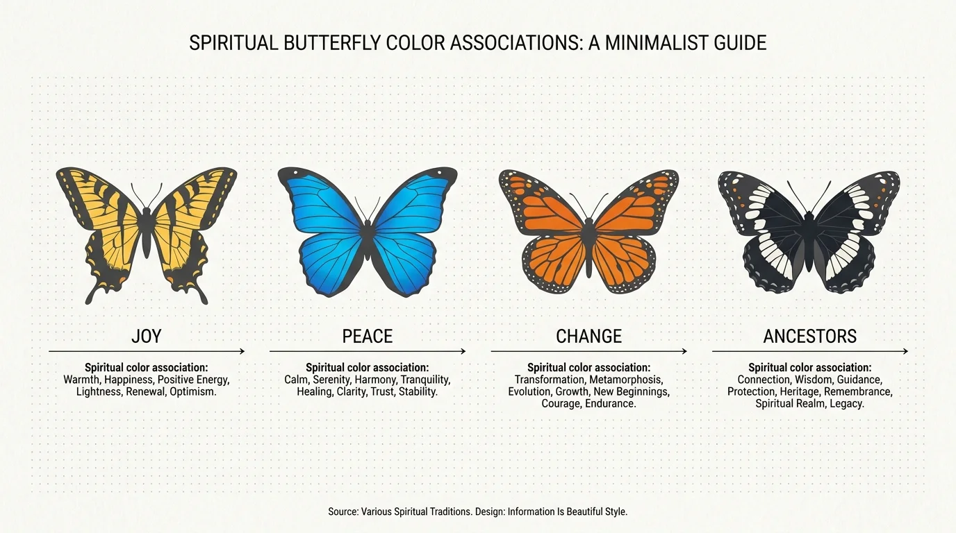 An infographic showing four butterflies of different colors with labels like 'Joy', 'Peace', 'Change', and 'Ancestors'.