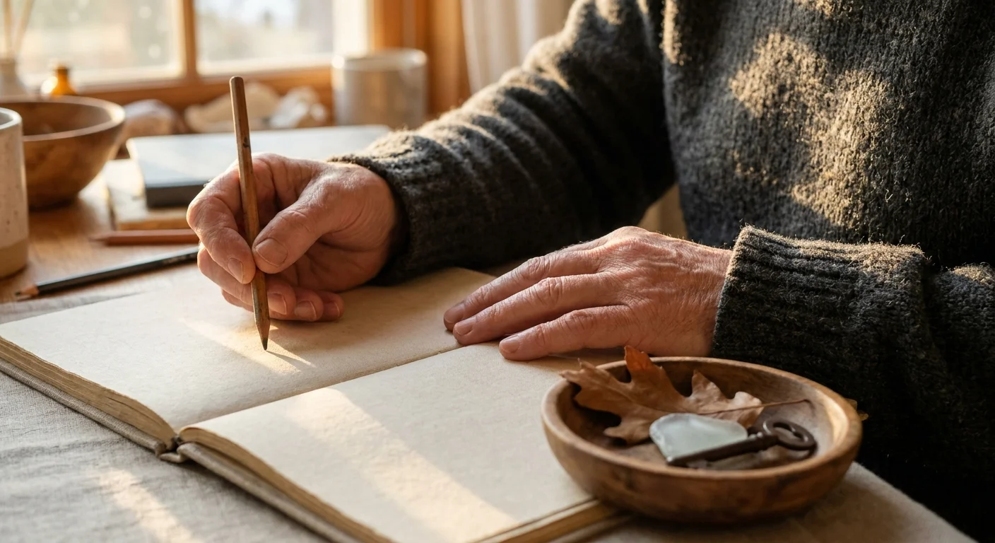 Close-up of a person's hands about to write in a journal on a sunlit desk with natural objects nearby.