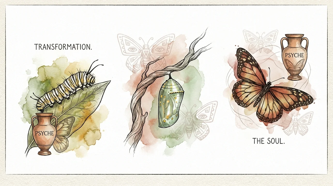 Watercolor illustration showing the life cycle of a butterfly alongside ancient symbols like a Greek urn and Aztec patterns.