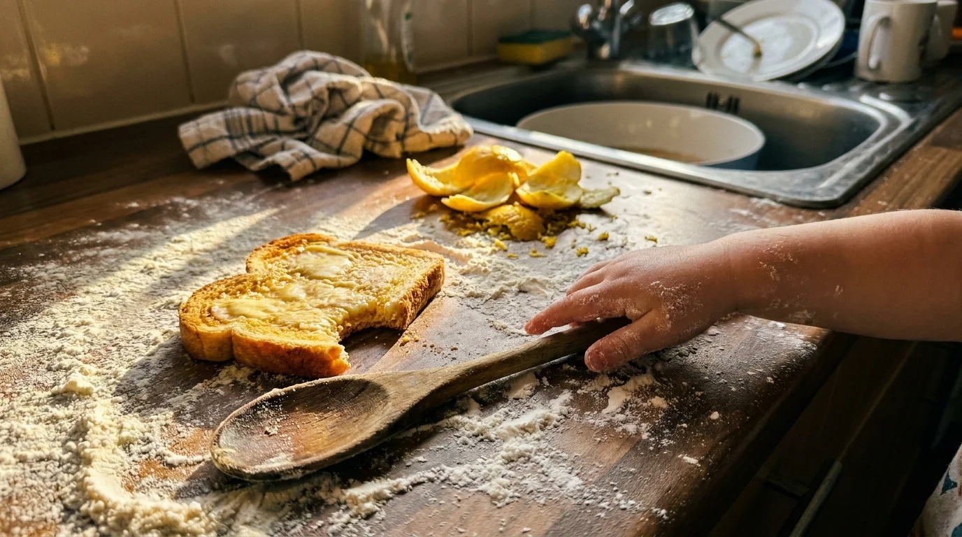 A candid, sunlit photo of a messy kitchen counter with flour, lemon peels, and a child's hand reaching for a spoon.