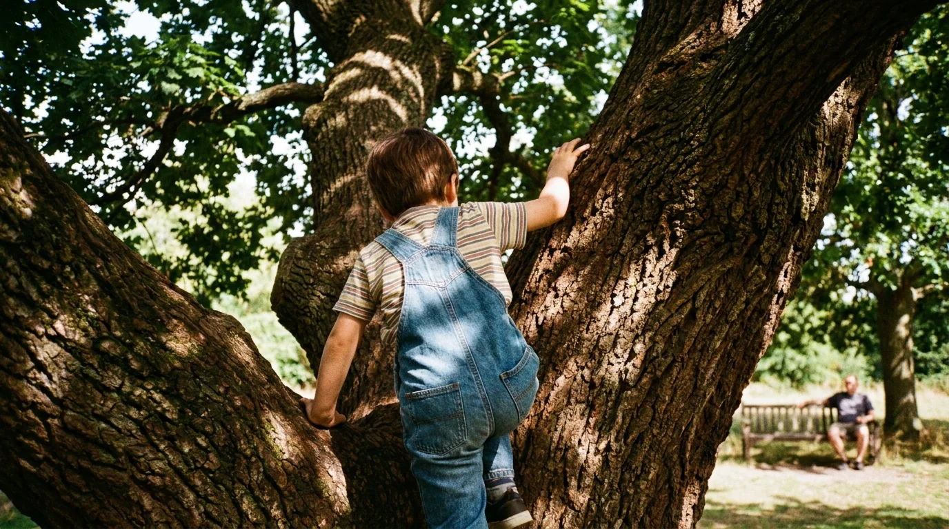 A child seen from behind climbing a sun-dappled oak tree, with an adult watching from a distance in the background.