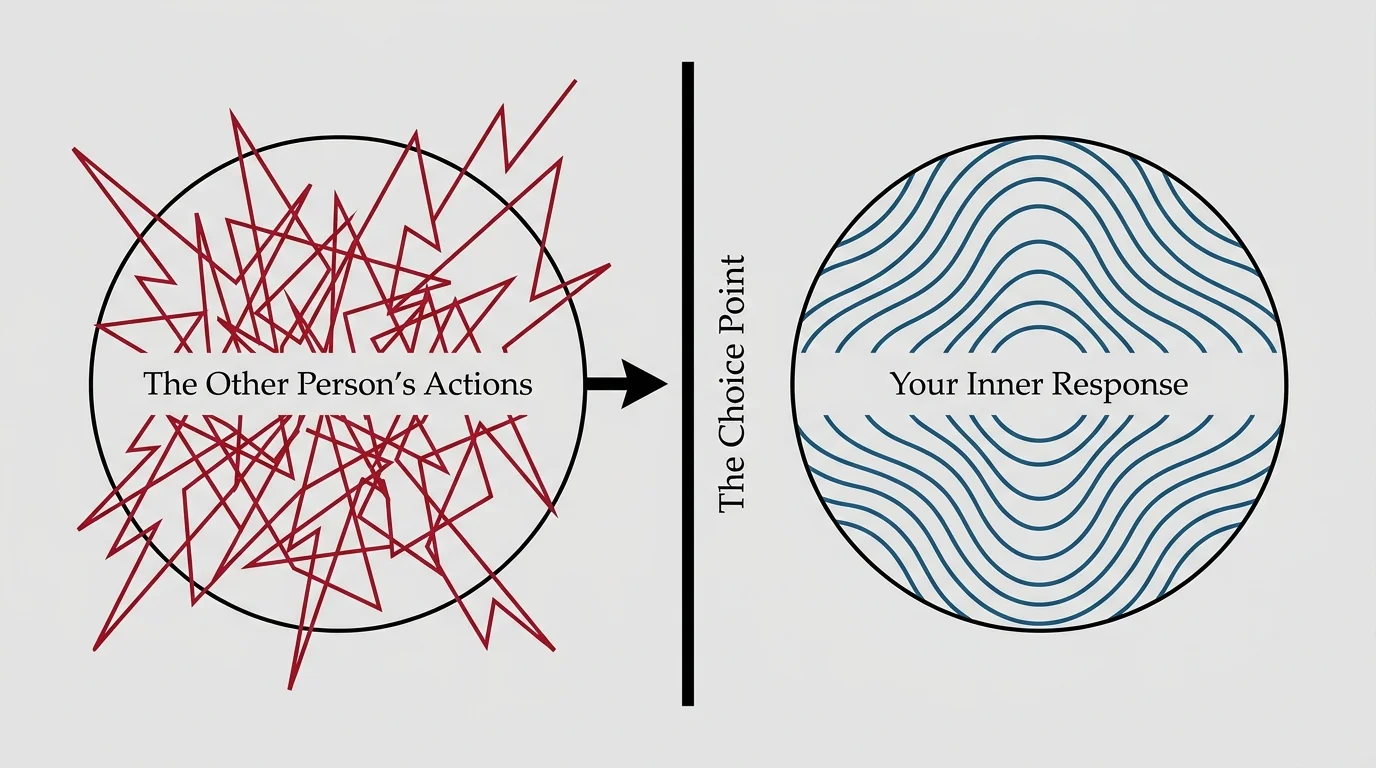 A clean diagram showing a 'Choice Point' between someone else's chaotic actions and your own calm response.