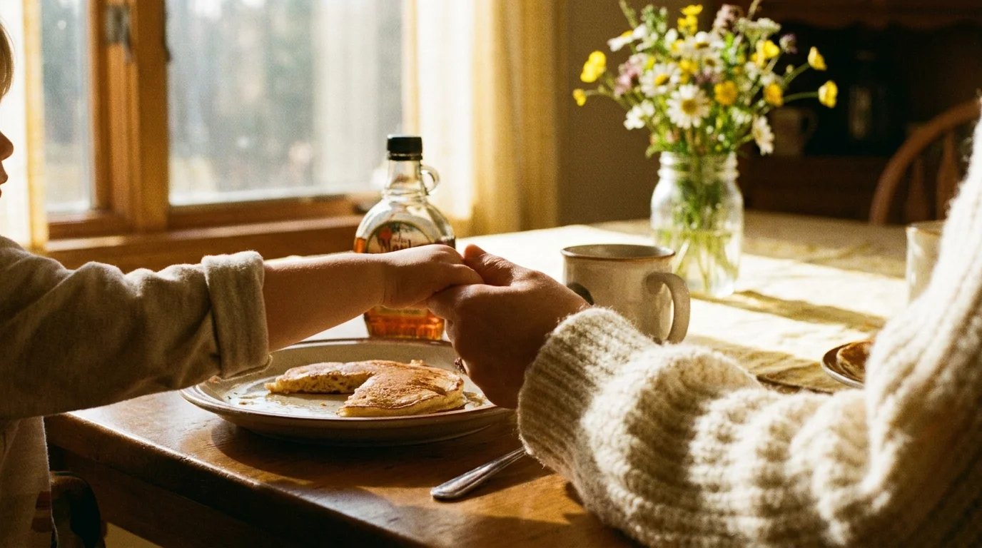 A close-up film photo of a child and adult holding hands at a sunny breakfast table, focusing on the texture of a knit sweater.
