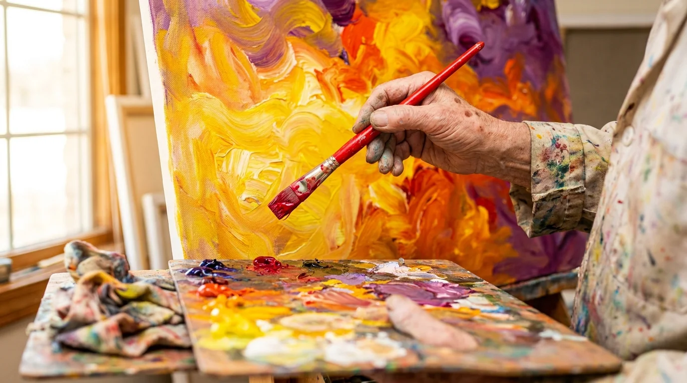 A close-up of an older hand holding a paintbrush over a colorful, messy abstract painting.