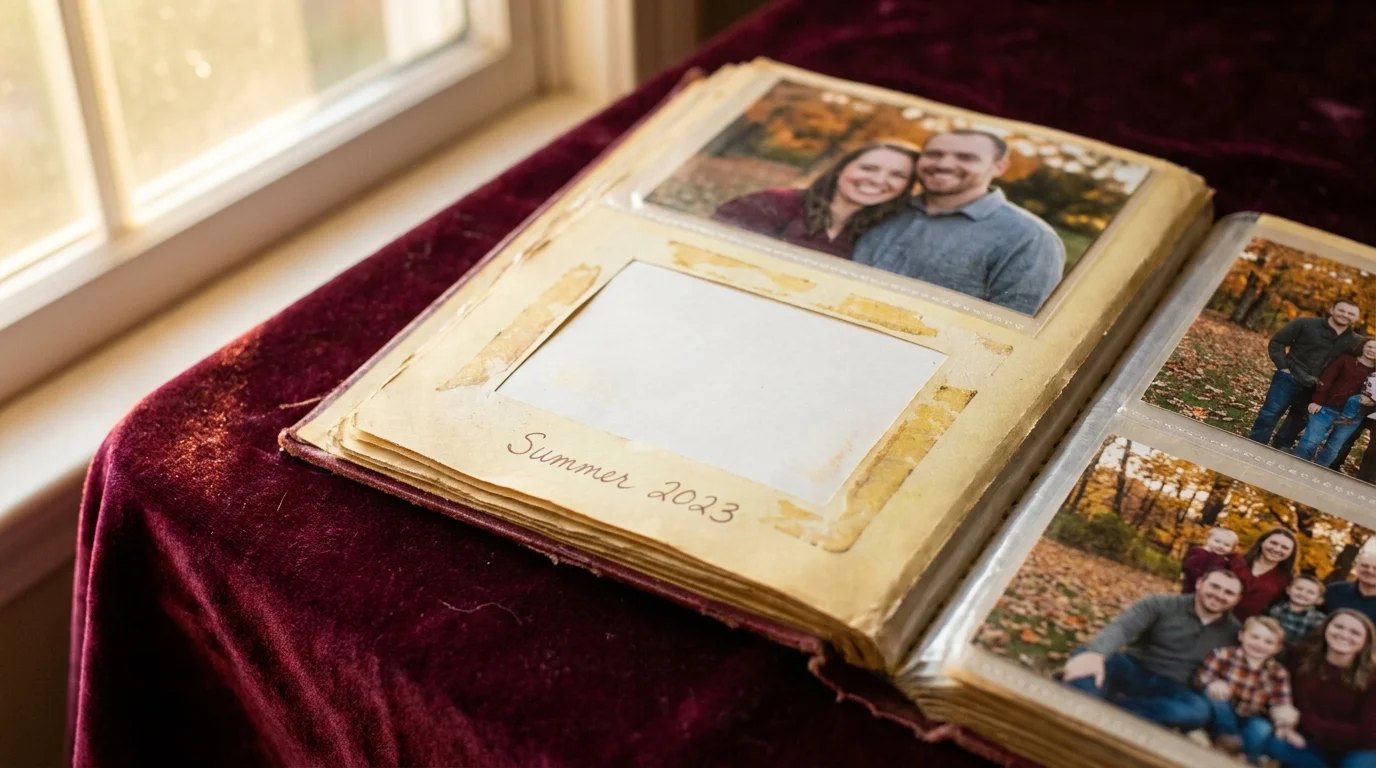 A close-up of an open photo album where one photo is missing, leaving only an empty space and the caption 'Summer 2023'.