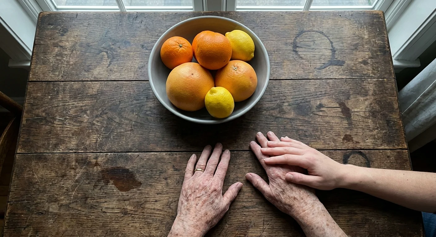 A close-up photo of an adult child's hand resting on their elderly parent's hand on a worn wooden kitchen table.