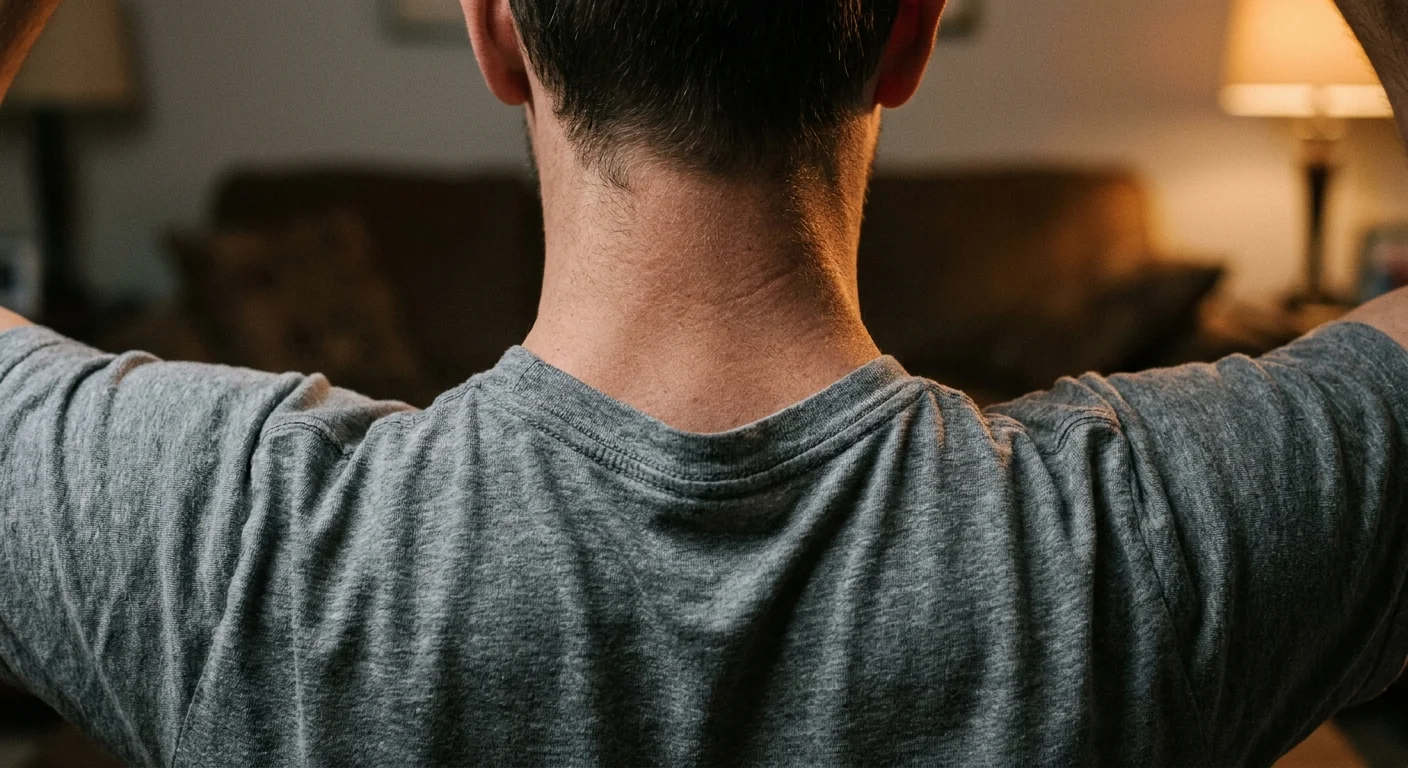 A close-up photograph of a person's tense shoulders, showing the physical manifestation of emotional stress.