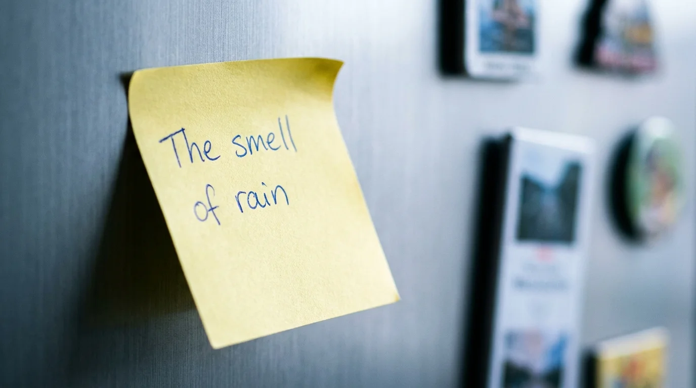 A close-up photograph of a yellow sticky note on a refrigerator that reads 'The smell of rain'.