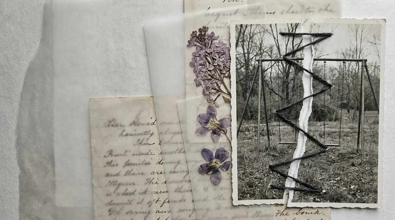 A collage featuring a torn black-and-white photo of a swing set, layered over old letters and dried flowers.