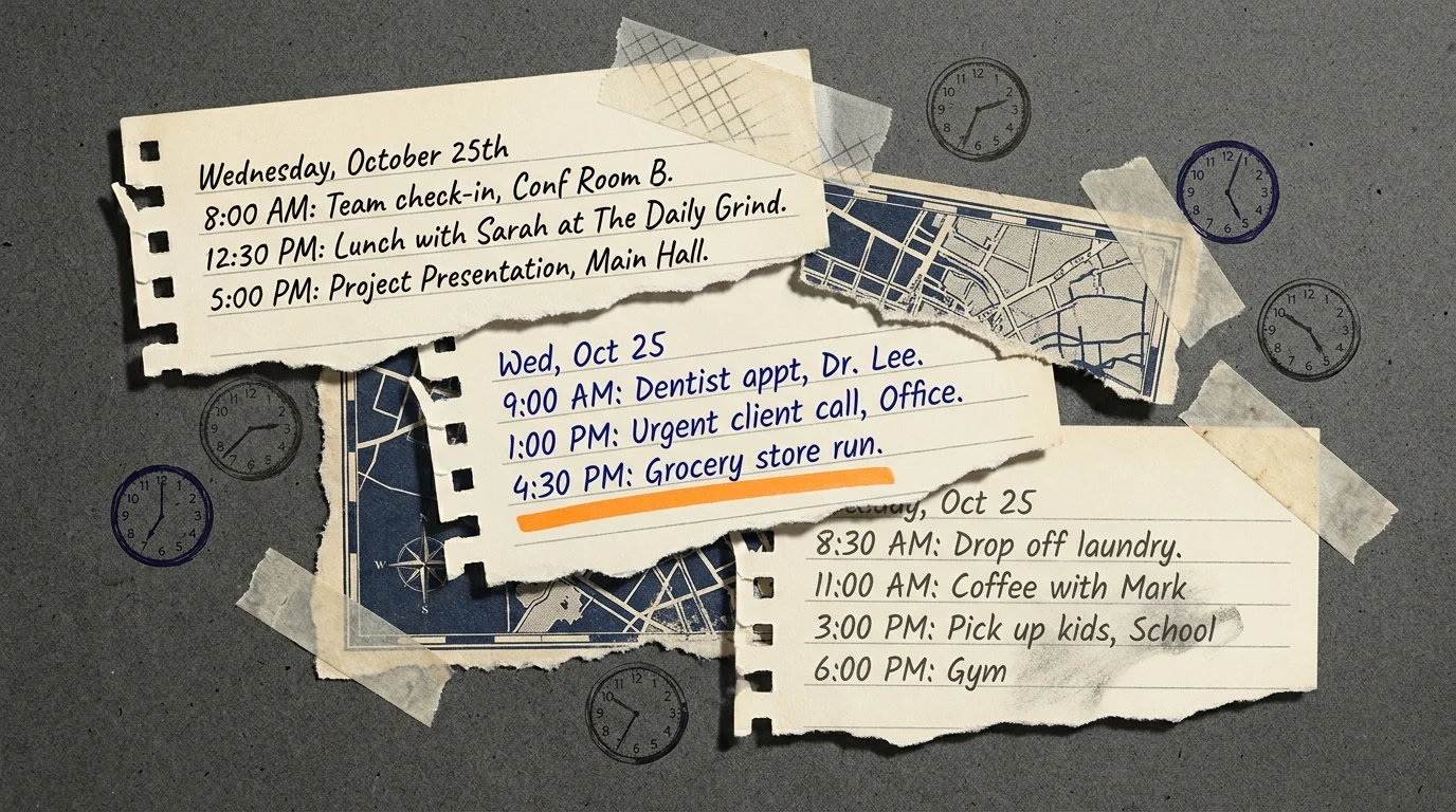 A collage of torn planner pages with conflicting handwritten appointments and scattered clock icons.
