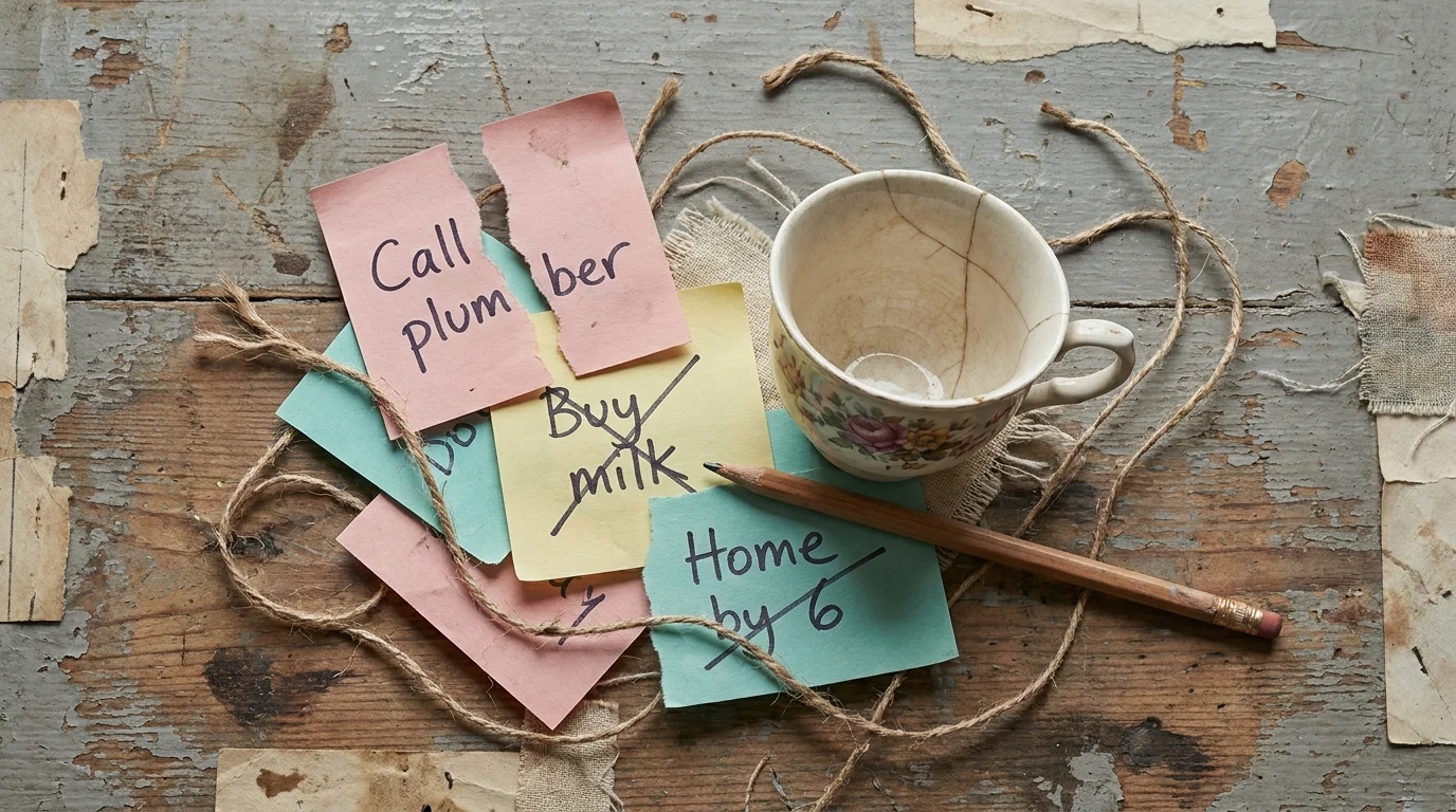 A collage of torn sticky notes with simple tasks and broken objects like a cracked cup and a snapped pencil.
