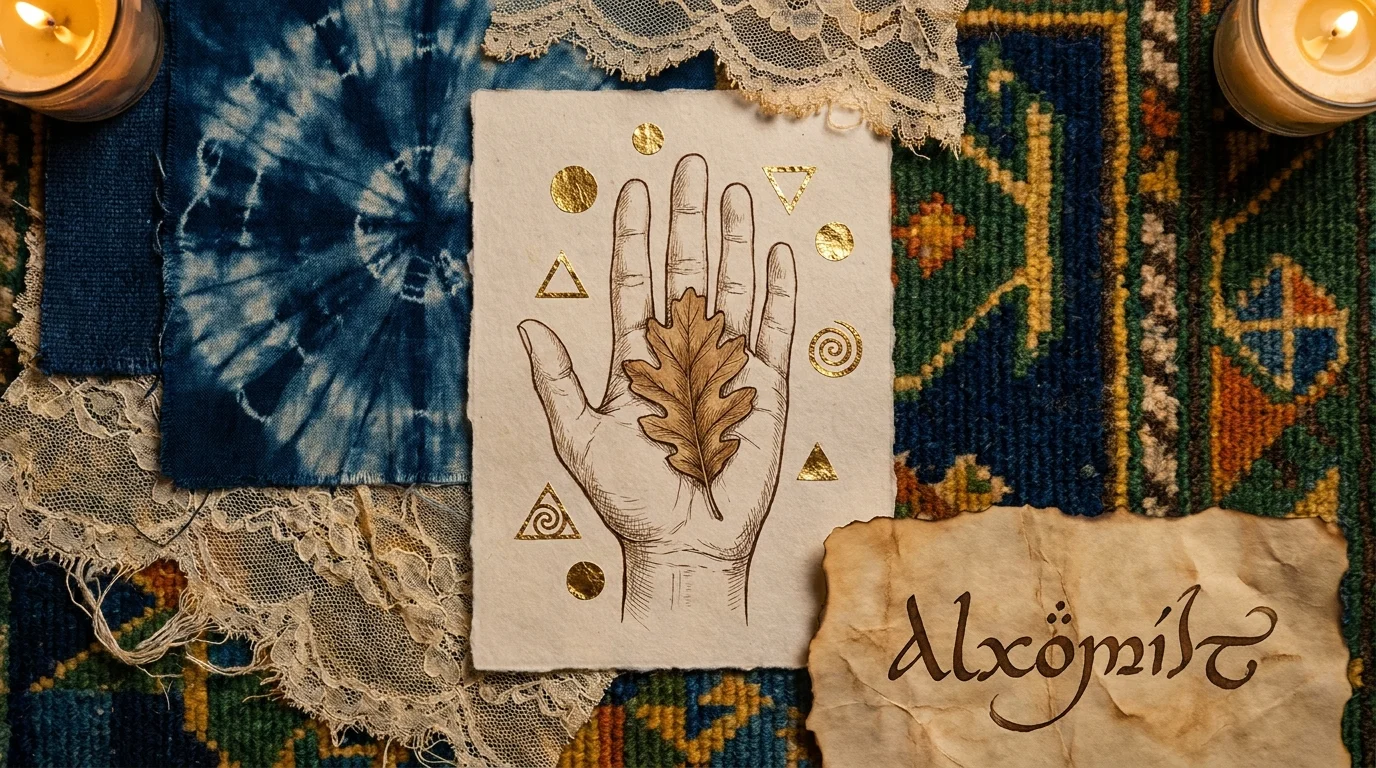 A collage of various cultural textiles and gold leaf symbols surrounding a hand holding an oak leaf.