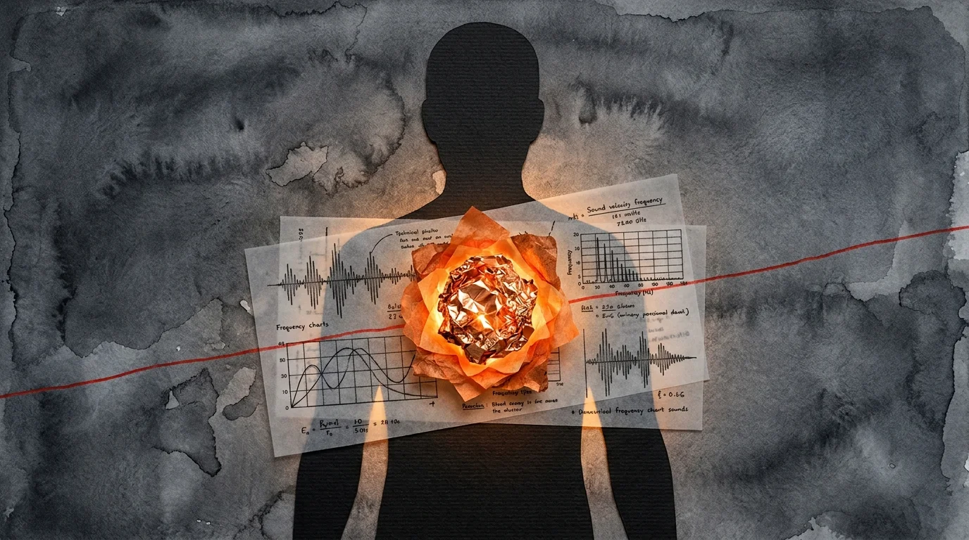 A collage showing a dark silhouette with a glowing copper center, partially obscured by technical charts and tracing paper.