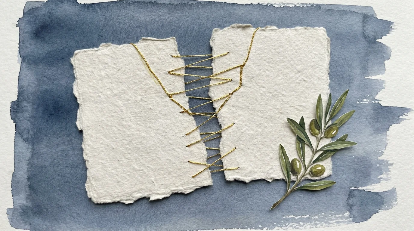 A collage showing two pieces of torn paper being stitched back together with gold thread next to an olive branch.