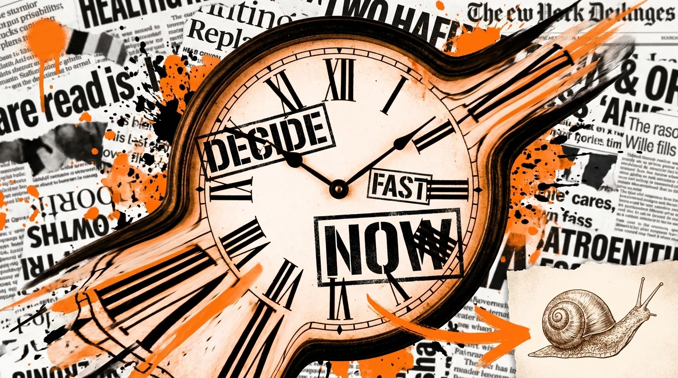 A collage with a distorted clock and the words 'DECIDE NOW' in bold, creating a sense of being rushed.