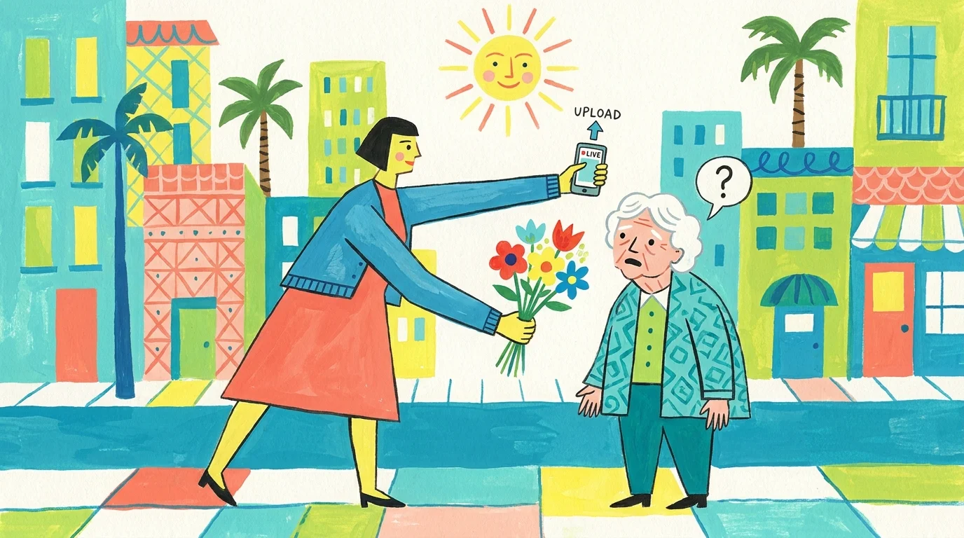 A colorful illustration of someone filming themselves giving flowers to an elderly neighbor.
