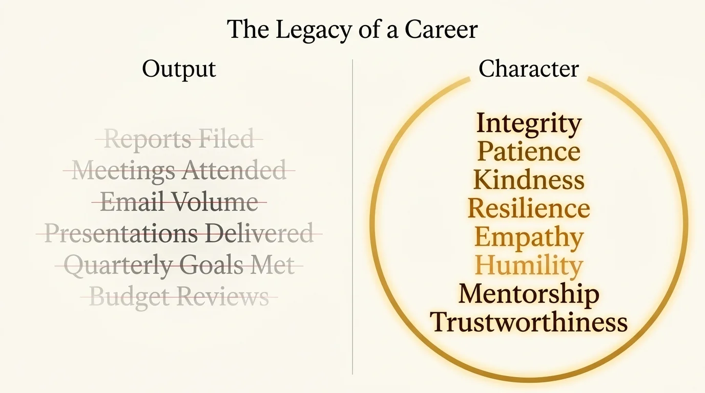 A comparison diagram showing 'Output' (crossed out) versus 'Character' (highlighted) to emphasize personal value.