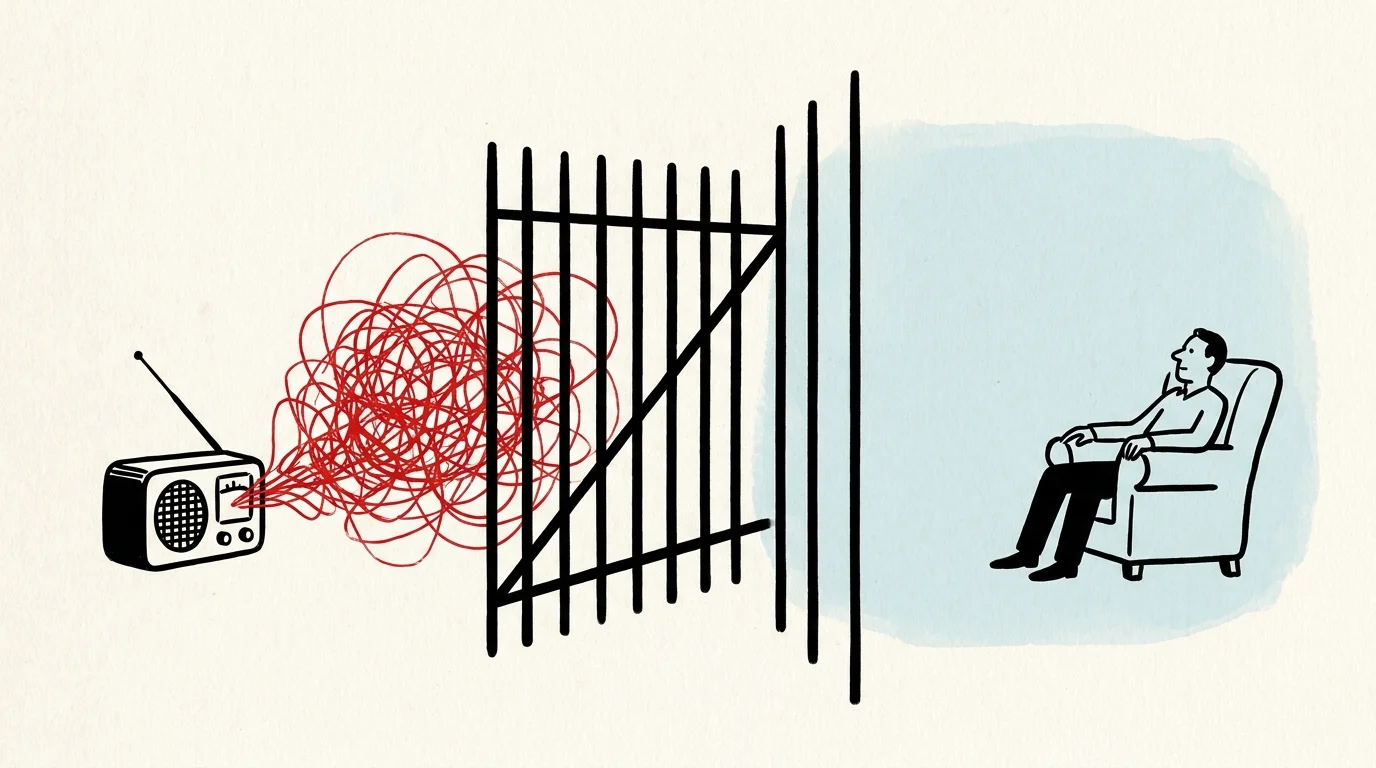 A conceptual illustration of a person protected from a chaotic scribble of noise by a simple, elegant gate.