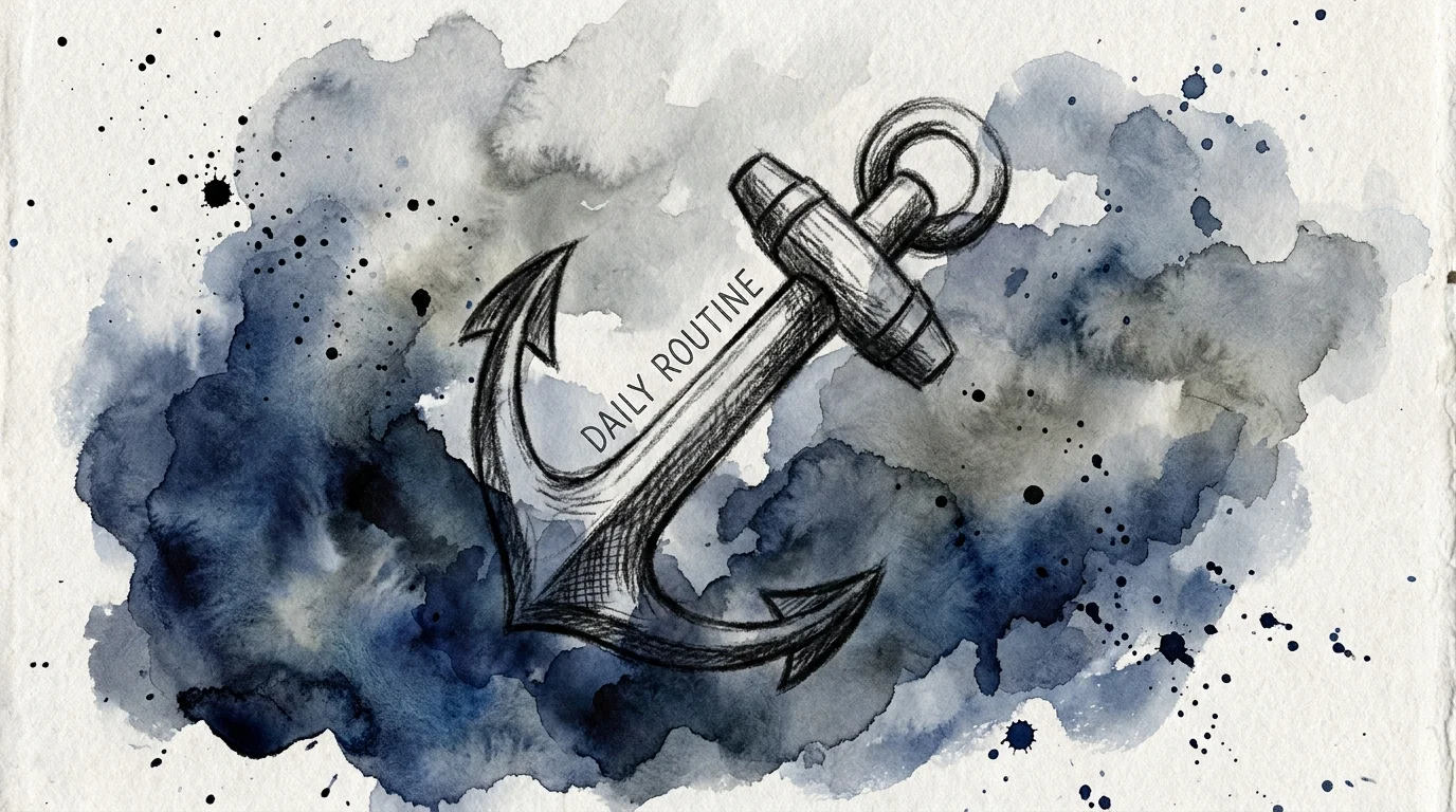 A conceptual illustration of an anchor labeled 'Daily Routine' providing stability amidst turbulent clouds.