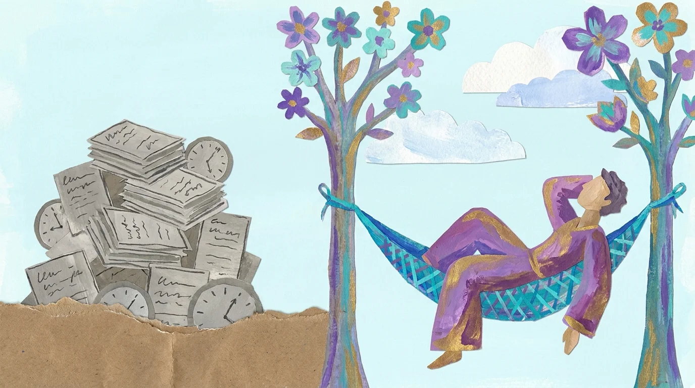 A cut-paper illustration of a colorful person resting in a hammock while a grey stack of to-do lists sinks into the ground.