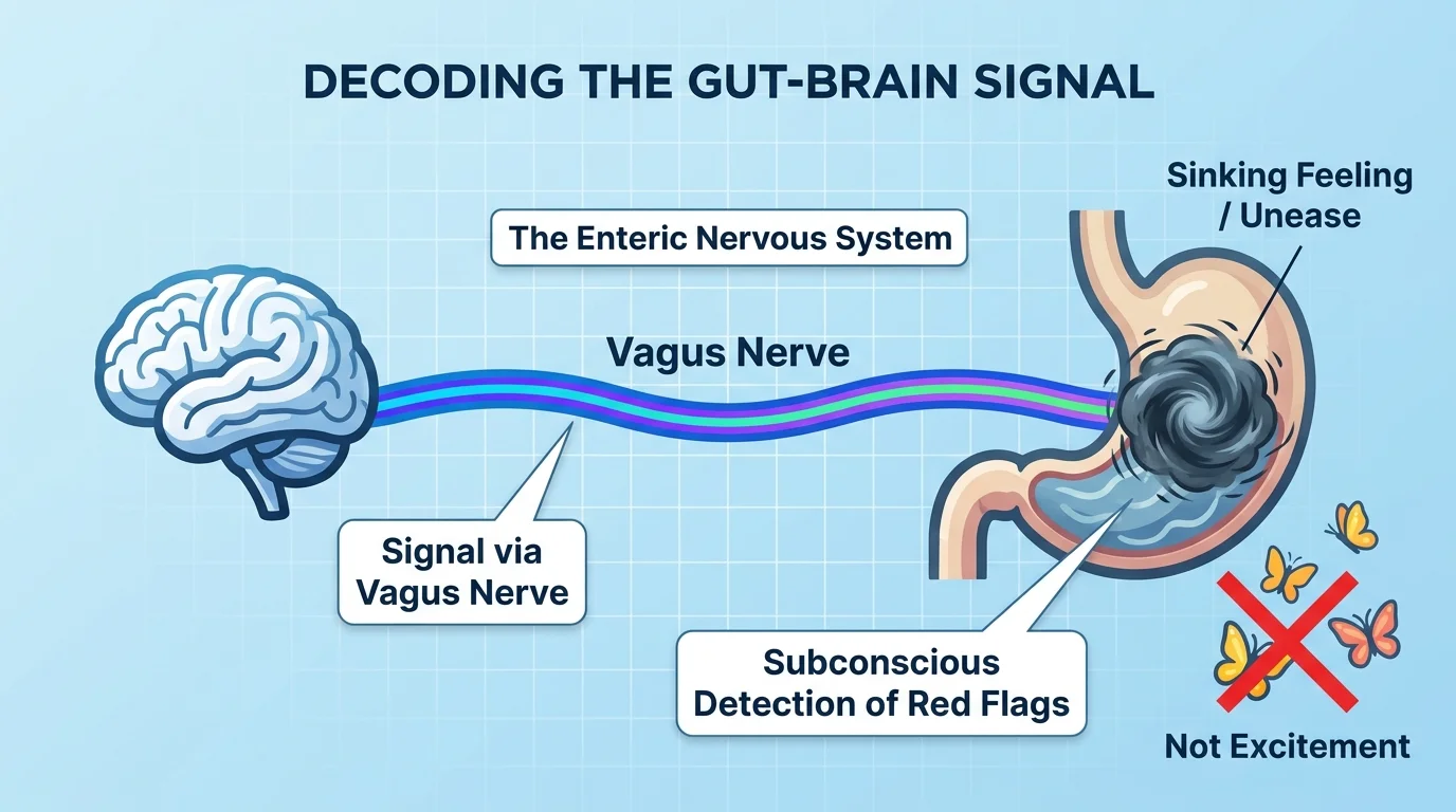 A diagram showing the connection between brain and stomach, labeling the sensation of unease as a signal.