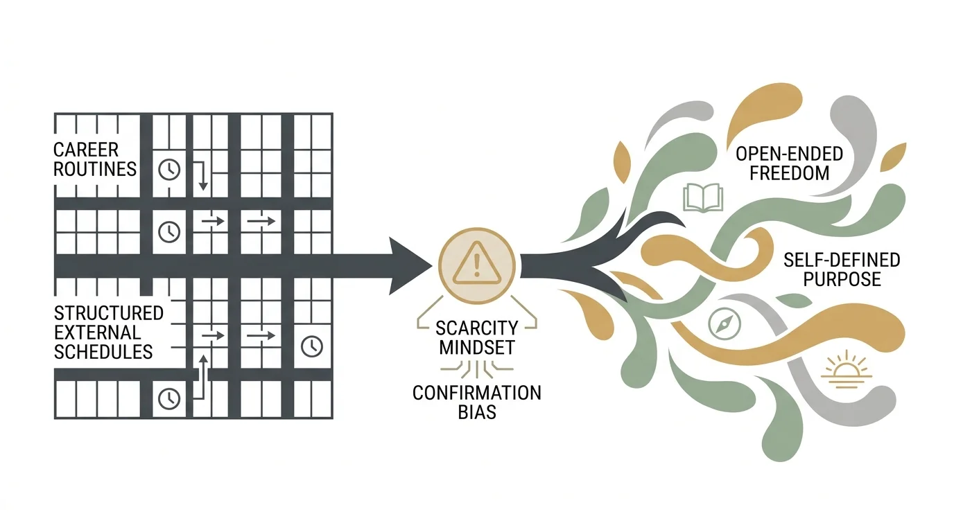 A diagram showing the transition from a rigid career grid to flexible, organic shapes representing retirement freedom.